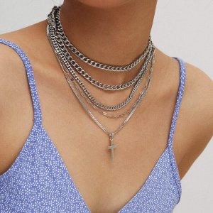 Multi-layer chain cross punk necklace