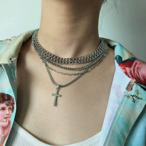 Multi-layer chain cross punk necklace