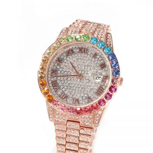 Diamond rainbow gradient calendar quartz watch