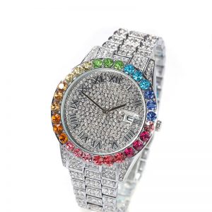 Diamond rainbow gradient calendar quartz watch