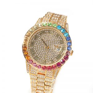 Diamond rainbow gradient calendar quartz watch