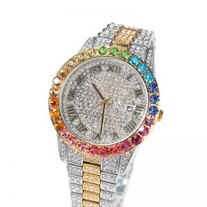 Diamond rainbow gradient calendar quartz watch