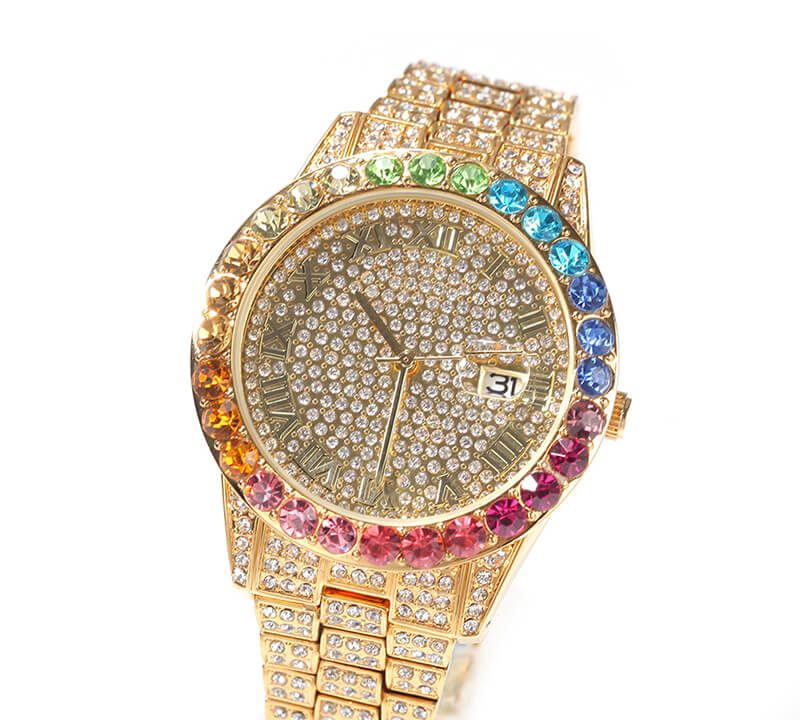 Diamond rainbow gradient calendar quartz watch